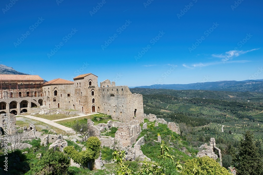 Beautiful shot of the historic ruins of a Byzantine Church in medieval city of Mystras,Greece