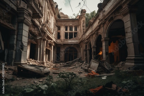 A backdrop of ruin and destruction. Generative AI