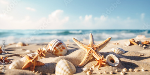 Beautiful sand beach with a starfishes and seashells AI generative art © Jasmina