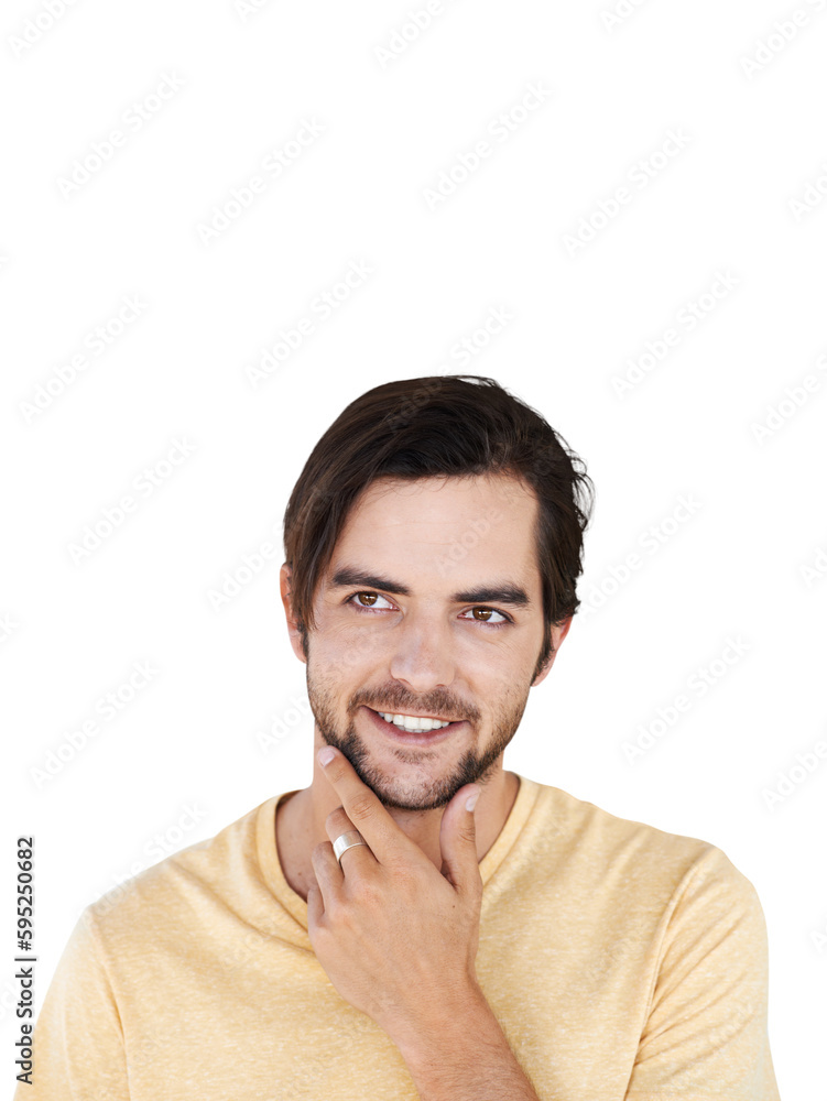 Fototapeta premium Thinking, idea and happy face of man on isolated, png and transparent background with vision. Ideas, mindset and male person for wondering, contemplation and question for decision, planning or choice