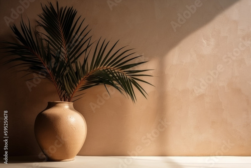 interior design concrete wall beige table shadows sunlight decor vase home. Generative AI.