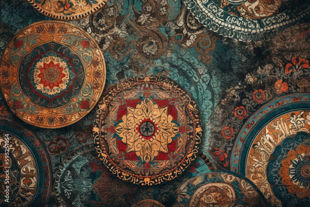 Seamless repeat fabric print with ethnic mosaic retro ornament. Generative AI