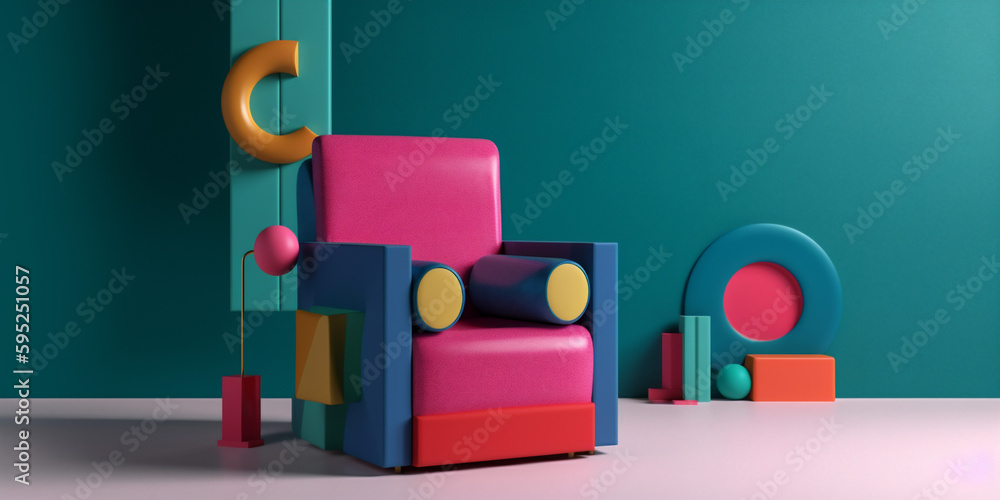 interior art sofa sunlight colourful armchair room design geometric memphis home. Generative AI.