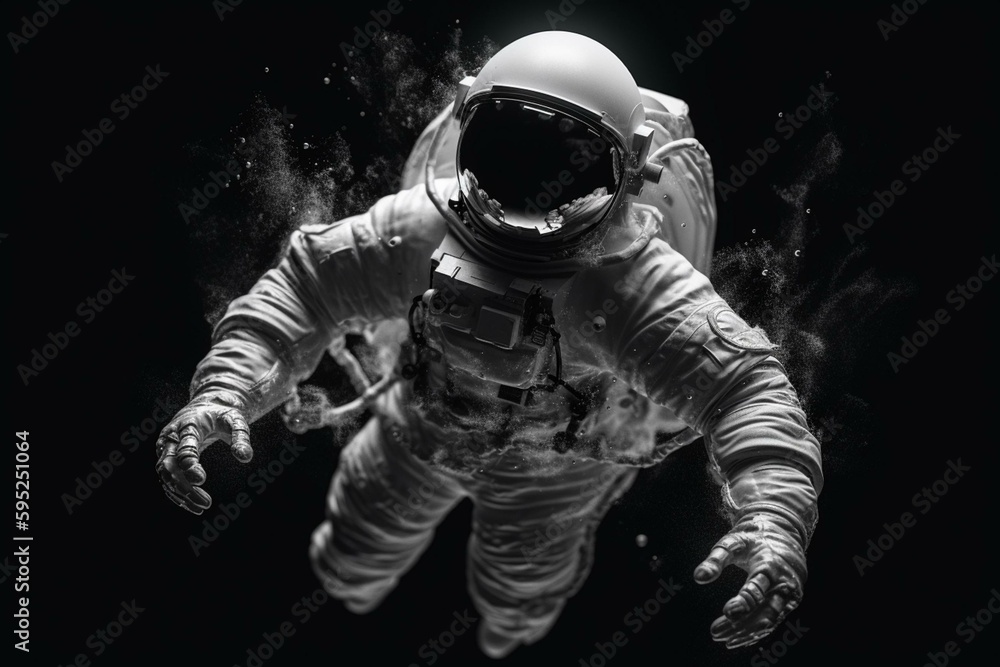 Monochrome astronaut drifts weightless in space; exploring and discovering. Generative AI