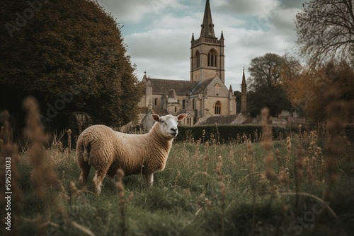 Cotswold sheep near Chipping Campden, Gloucestershire with church in background. Generative AI photo