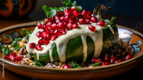 Chiles en Nogada Delight, Close - up of stuffed poblano chiles covered in creamy walnut sauce, garnished with pomegranate seeds. photo