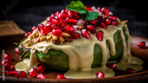 Chiles en Nogada Delight, Close - up of stuffed poblano chiles covered in creamy walnut sauce, garnished with pomegranate seeds. photo