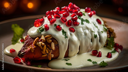 Chiles en Nogada Delight, Close - up of stuffed poblano chiles covered in creamy walnut sauce, garnished with pomegranate seeds. photo