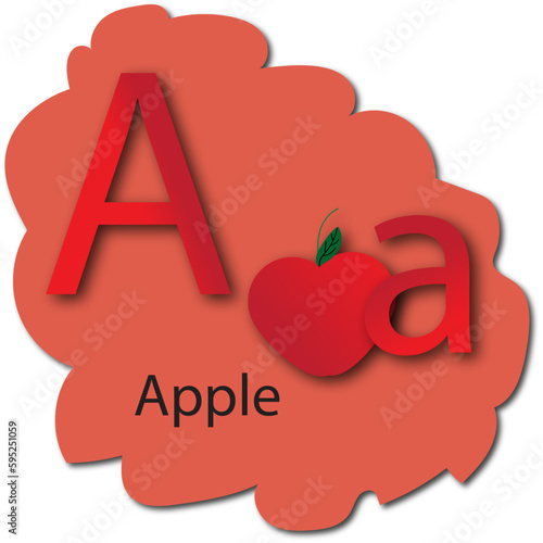 Letter A with image and word, red apple and background, letter A for preschool, colorful cartoon letter alphabet, capital and small letters Aa