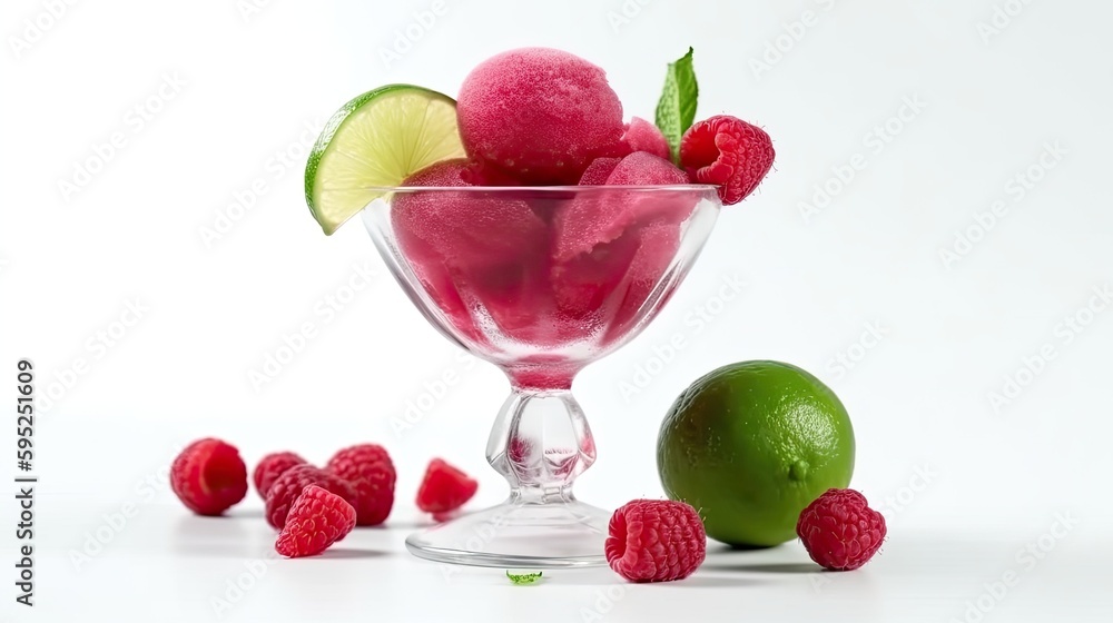 Raspberry lime sorbet in a glass with raspberry and lime slices on White Background with copy space for your text created with generative AI technology Raspberry lime sorbet in a glass with raspberry and lime slices on White Background with copy space for your text created with generative AI technology