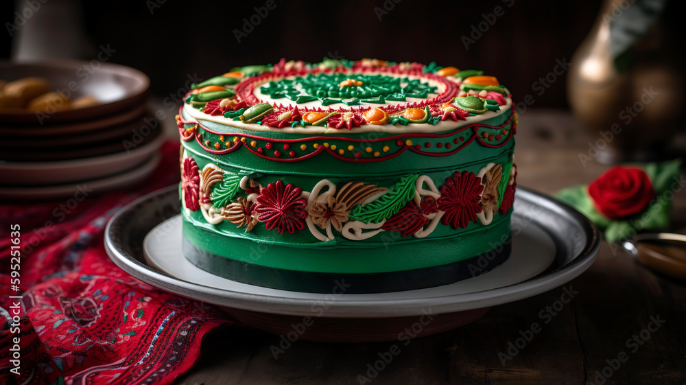 Mexican Flag Cake, A patriotic cake decorated with the colors of the Mexican flag - red, white, and green.