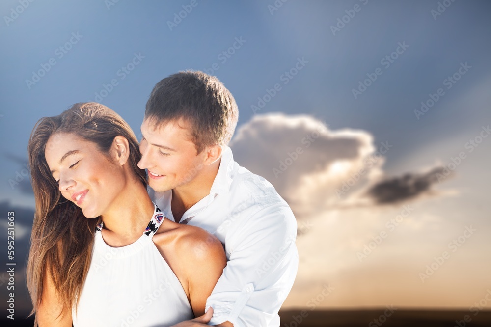 Happy beautiful couple on beach. have fun Happy beautiful couple on beach. have fun