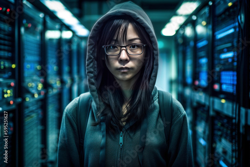 Young Asian Female Hooded Hacker Standing In Front Of The Data Center Server Room. Cyber Security And Penetration Test Concept.