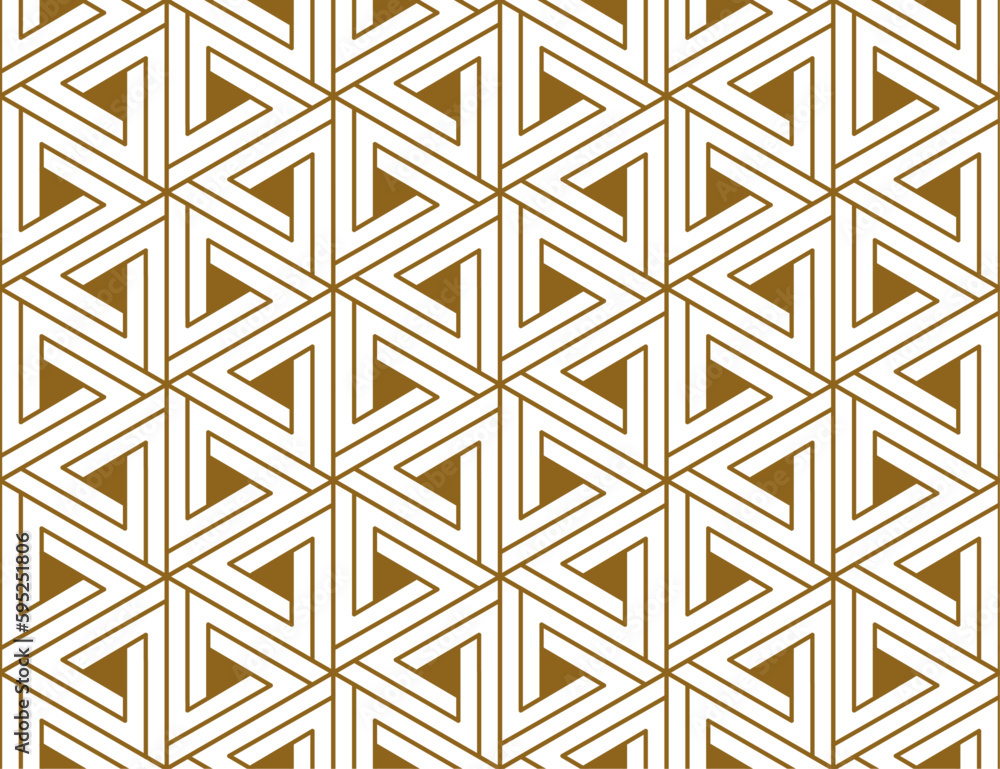 Triangles with geometric spiral fill in a repeating pattern in gold color. Contemporary style vector illustration.