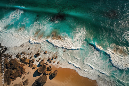 Ocean waves on the beach as a background. Beautiful natural summer vacation holidays background. generative ai.Aerial top down view of beach and sea with blue water waves