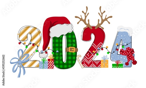 Hand drawn doodle number of 2024 with scarf,  santa hat, antler and garlands. Happy new year. Christmas design for poster, banner, t shirt, card, flyer. Vector illustration