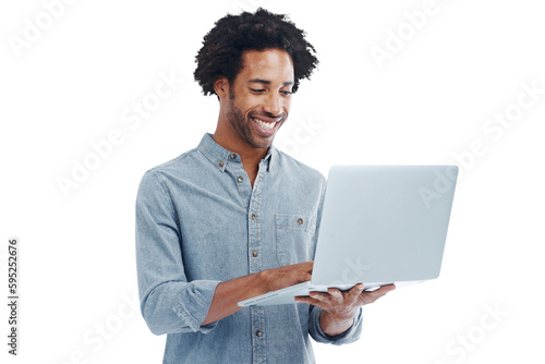 Happy man, laptop and typing on internet isolated on transparent, png background for email. Black male model smile for computer research, connection or funny social media meme or programming success