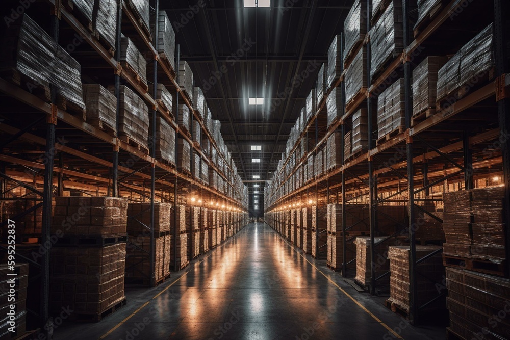 A spacious distribution warehouse with towering shelves containing pallets and illuminated by warehouse lighting. 3D panorama view. Generative AI