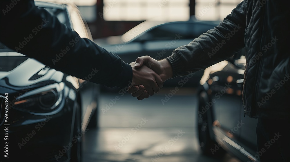 Two men shaking hands in a parking lot, car showroom. AI generated