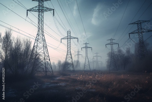 Conceptual representation of electric pylons or towers. Generative AI