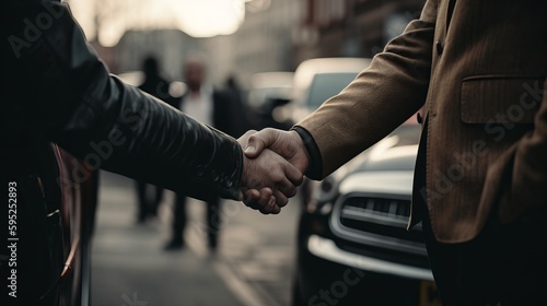 Two men shaking hands in a parking lot, car showroom. AI generated © ArtStage