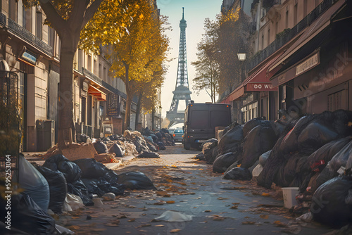 Garbage, landfill, overflowing trash cans on the streets of the city of Paris against the backdrop of the Eiffel Tower. Problem, collapse, strike and pension reform. Generative AI.