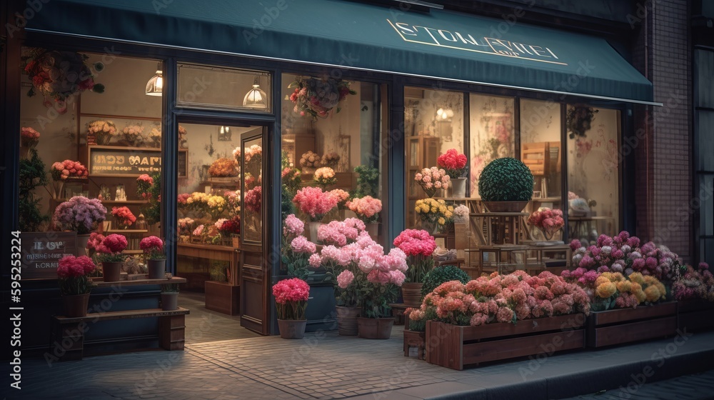 A store front flower shop. Street outdoor view. AI generated A store front flower shop. Street outdoor view. AI generated
