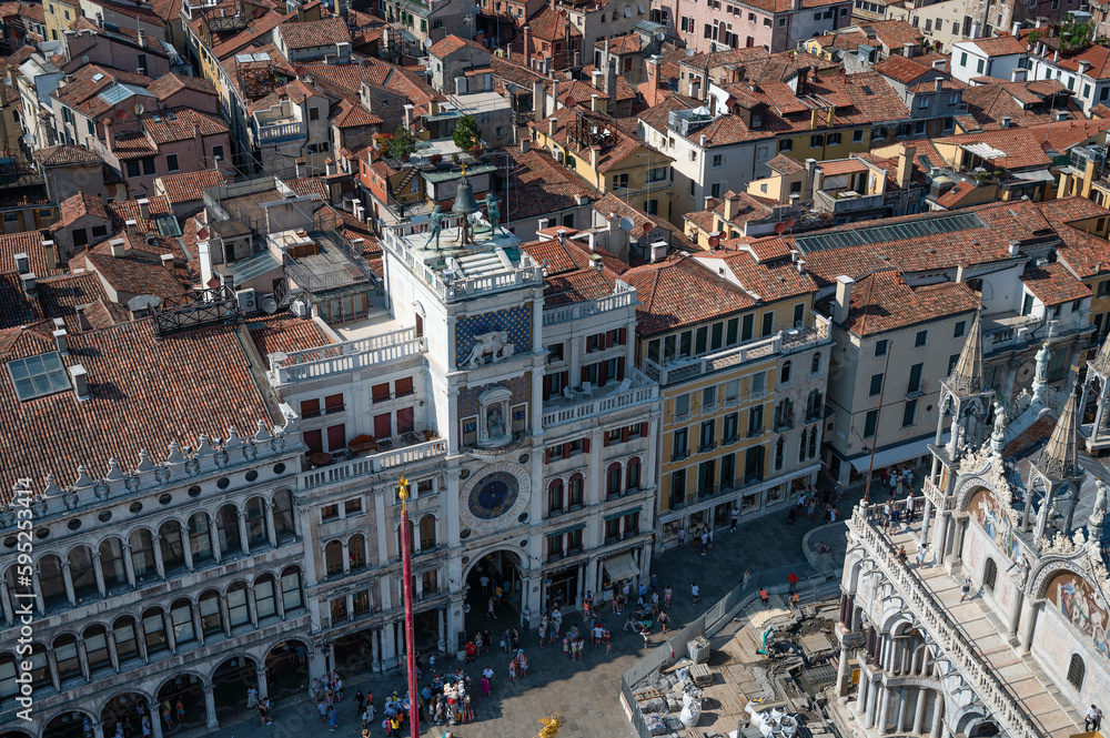 Aerial view of Clock Tower, Torre dell'Orologio at St. Mark Square, Venice, Italy