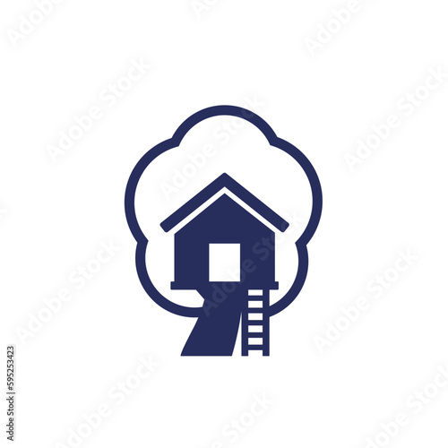 treehouse icon on white, cabin on a tree