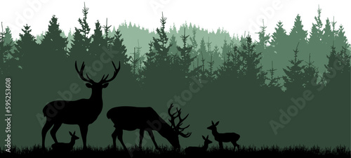 Black silhouette of fir spruce trees and wild deer, landscape panorama illustration icon vector for forest woods wildlife adventure camping logo, isolated on white background © Corri Seizinger