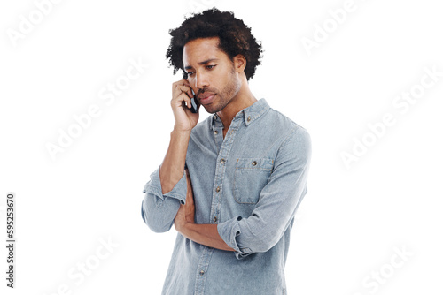 Photography Phone call, communication and serious black man talking on isolated, png and transparent background
