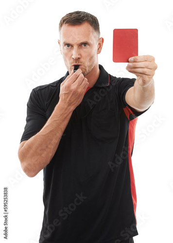 Canvas-taulu Referee, portrait and red card with a man isolated on a transparent background for sports control