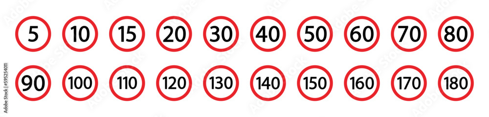 Speed limit icon. Set of red road signs of 5-180 kmh. Vector illustration Speed limit icon. Set of red road signs of 5-180 kmh. Vector illustration