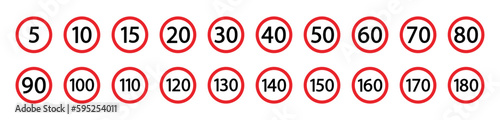 Speed limit  icon.  Set of red road signs of 5-180 kmh. Vector illustration