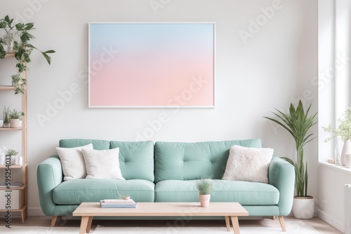 Interior mockup with picture frame on a Wall. Living room in pastel colors with sofa and painting on a wall 3D render.