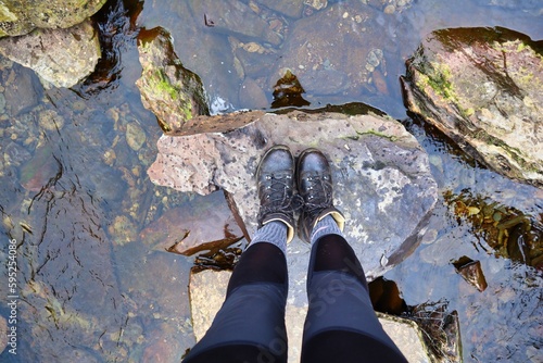 water stepping stones walking over in boots