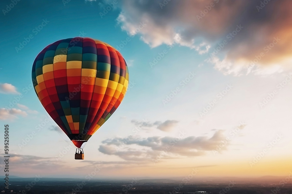 Obraz premium Colorful hot air balloon flying in the sky. illustration on blue background with copy space
