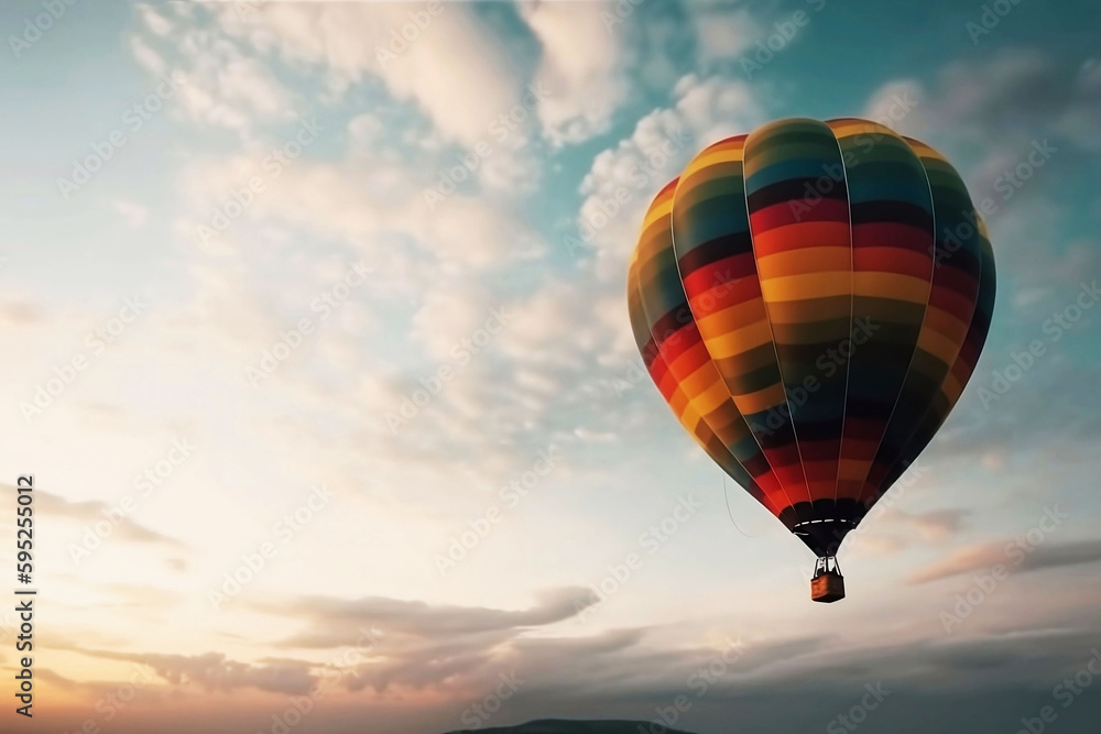 Colorful hot air balloon flying in the sky. illustration on blue background with copy space Colorful hot air balloon flying in the sky. illustration on blue background with copy space