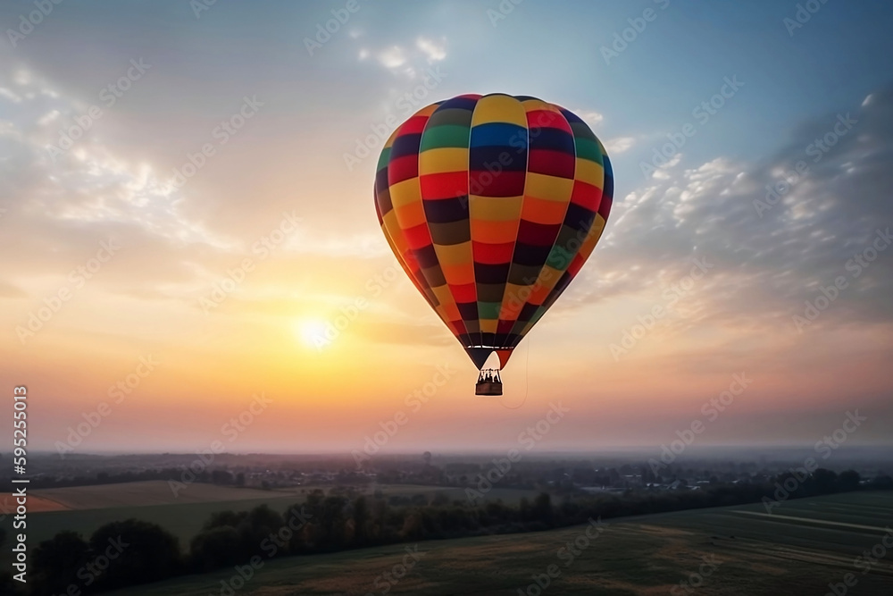 Fototapeta premium Colorful hot air balloon flying in the sky. illustration on blue background with copy space
