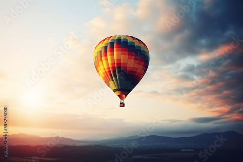 Colorful hot air balloon flying in the sky. illustration on blue background with copy space