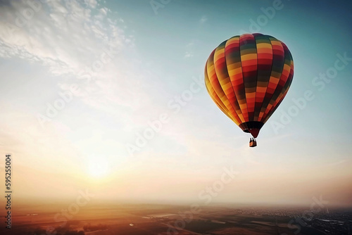 Colorful hot air balloon flying in the sky. illustration on blue background with copy space © Thares2020