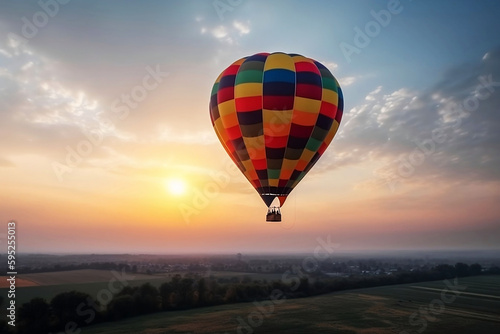 Colorful hot air balloon flying in the sky. illustration on blue background with copy space © Thares2020