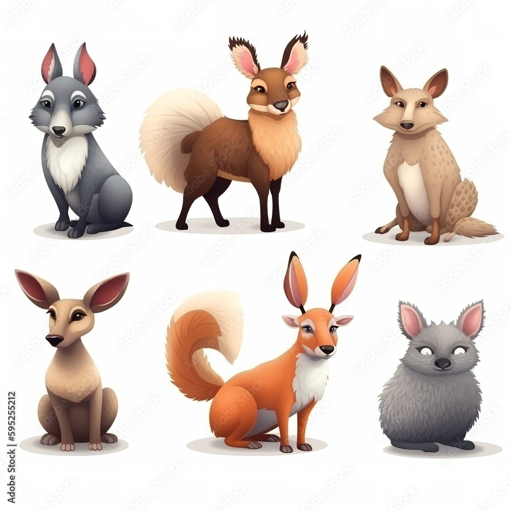 Safari animal set deer fox squirrel hare boar and wolf in 3d style. Generative ai