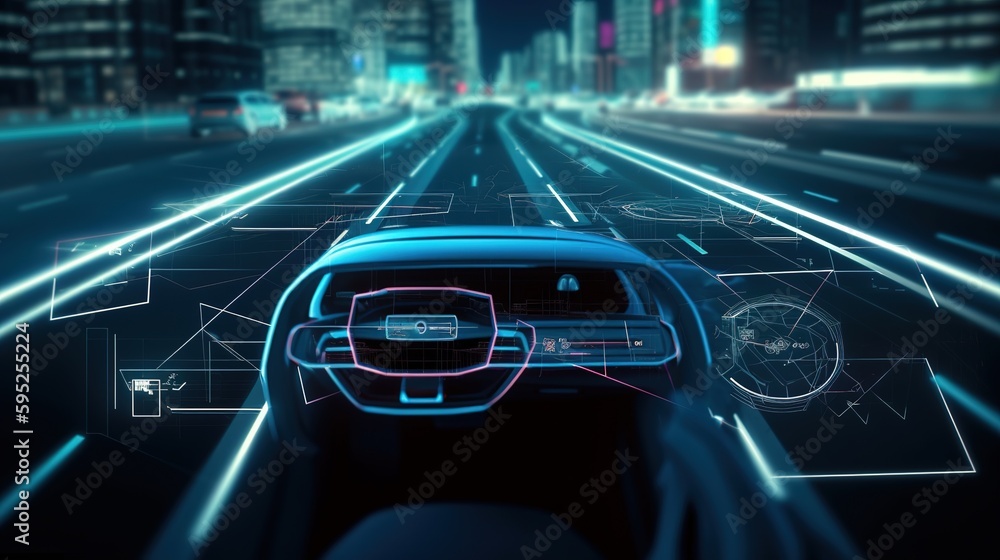 Modern car interior with neon illuminated monitor. Car HUD. Generative AI.