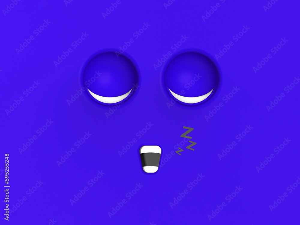Blue face of sleeping cute character. Cute face. relaxation. sleep and rest. Horizontal image. 3d image. 3D rendering. Blue face of sleeping cute character. Cute face. relaxation. sleep and rest. Horizontal image. 3d image. 3D rendering.