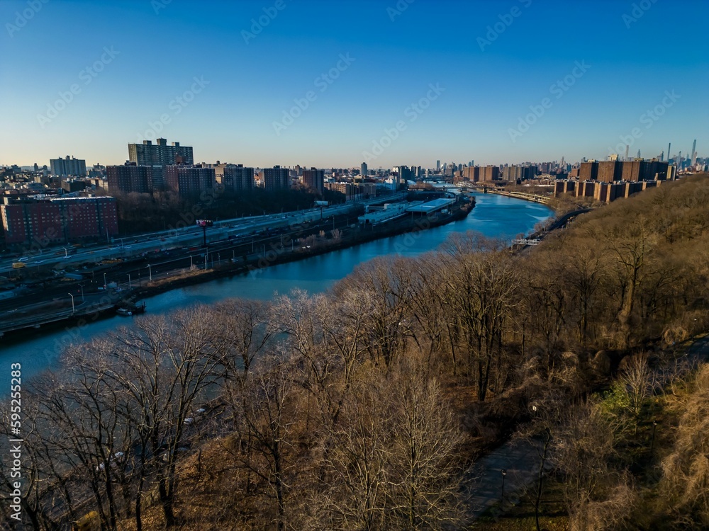 Aerial view of the Harlem River, Manhattan on the right, and the Bronx on the left, New York