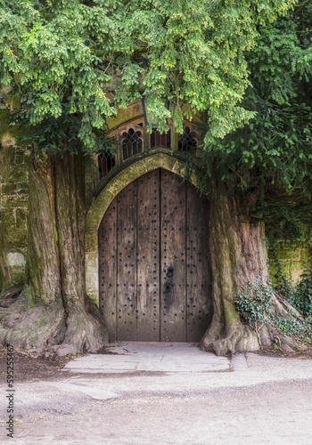 Wooden door with an arch decorated with lush greenery.