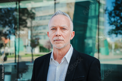 Canvastavla Close up portrait of a mature serious business man with aexecutive suit, gray hair, and successful attitude looking pensive at camera