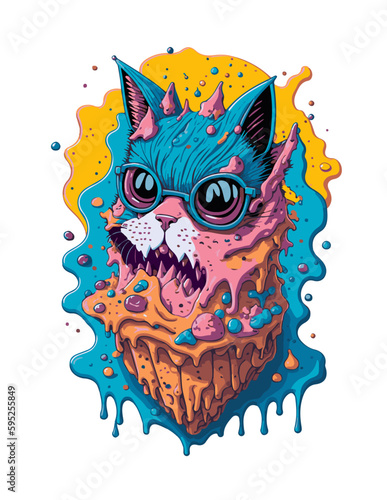 Illustration of a cool cat with sunglasses in melted ice cream