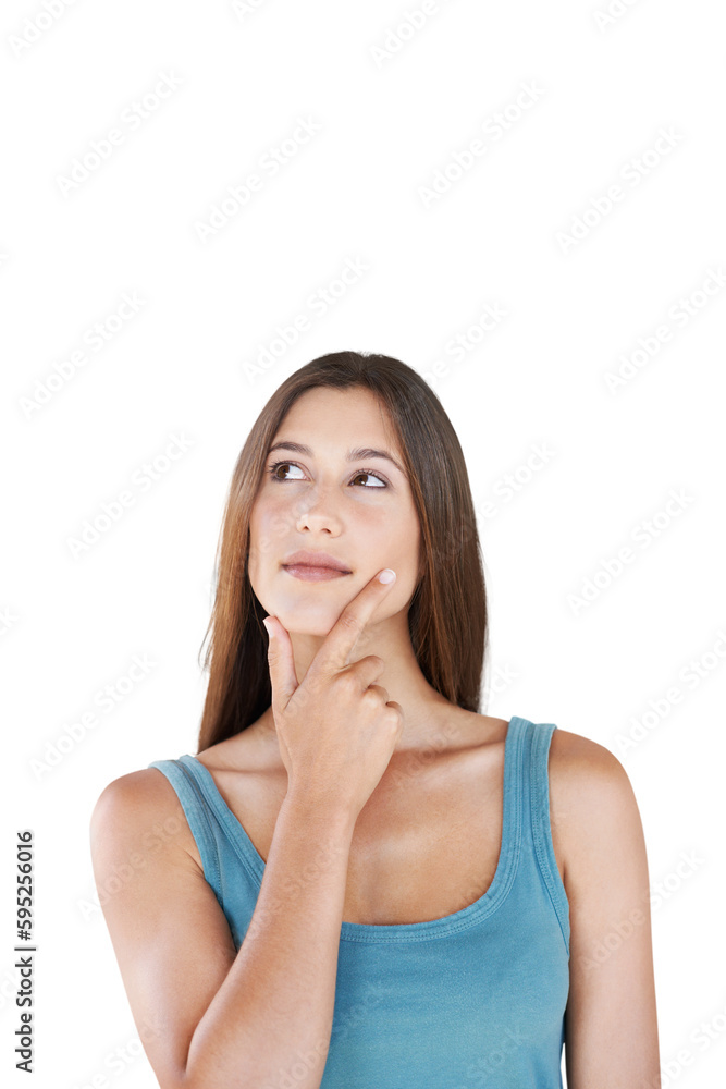 Hand, thinking and woman with idea isolated on transparent, png background for university choice or vision. Young person or model with creative ideas, inspiration or contemplating decision on college Hand, thinking and woman with idea isolated on transparent, png background for university choice or vision. Young person or model with creative ideas, inspiration or contemplating decision on college